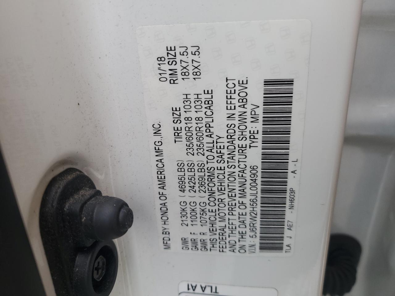 5J6RW2H56JL004906 HONDA CRV 2018