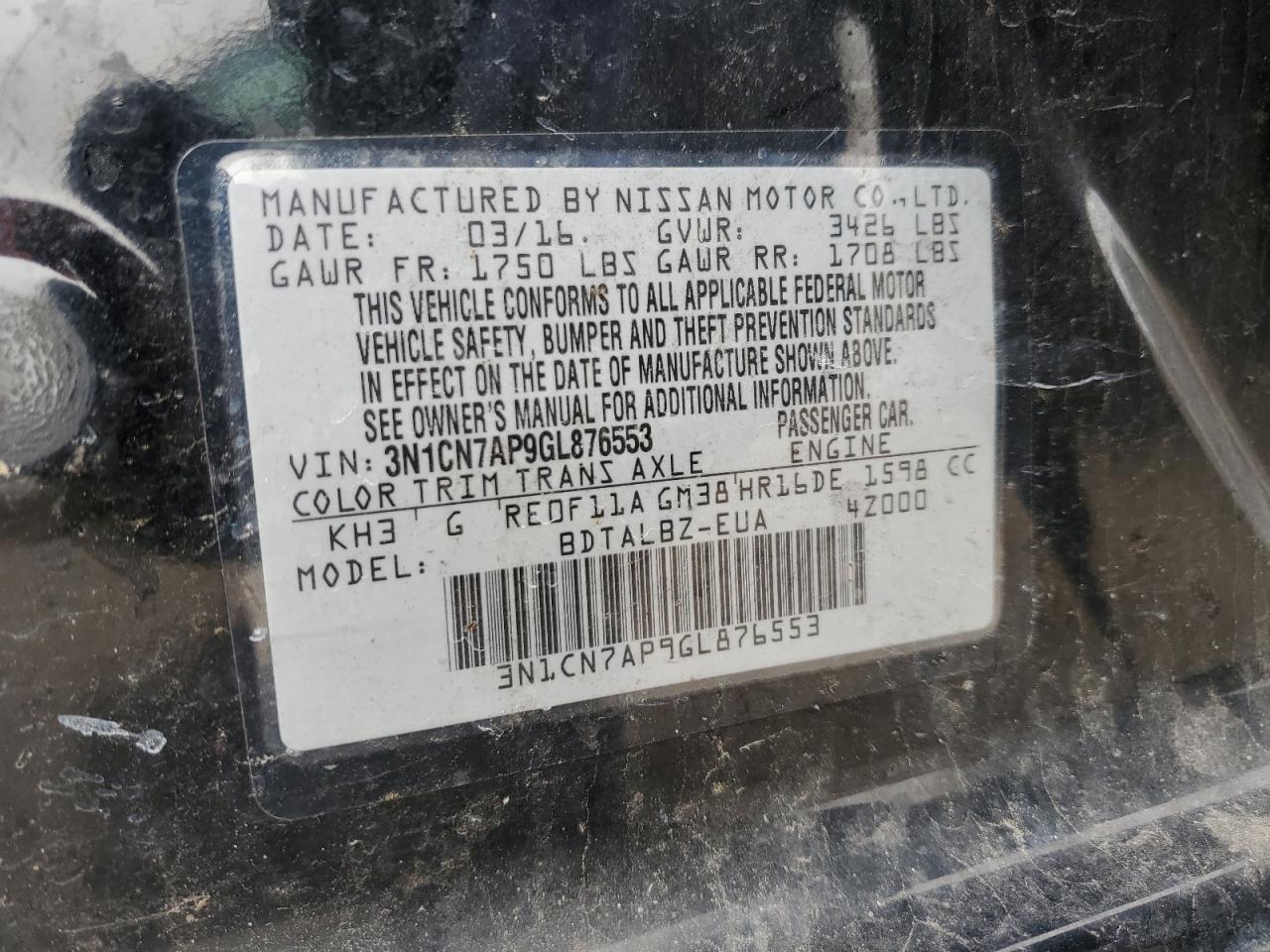 3N1CN7AP9GL876553 NISSAN VERSA 2016