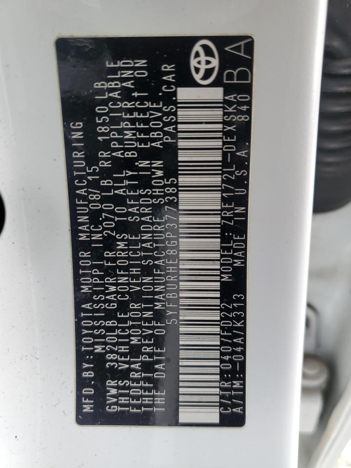 5YFBURHE8GP377385 TOYOTA COROLLA 2016