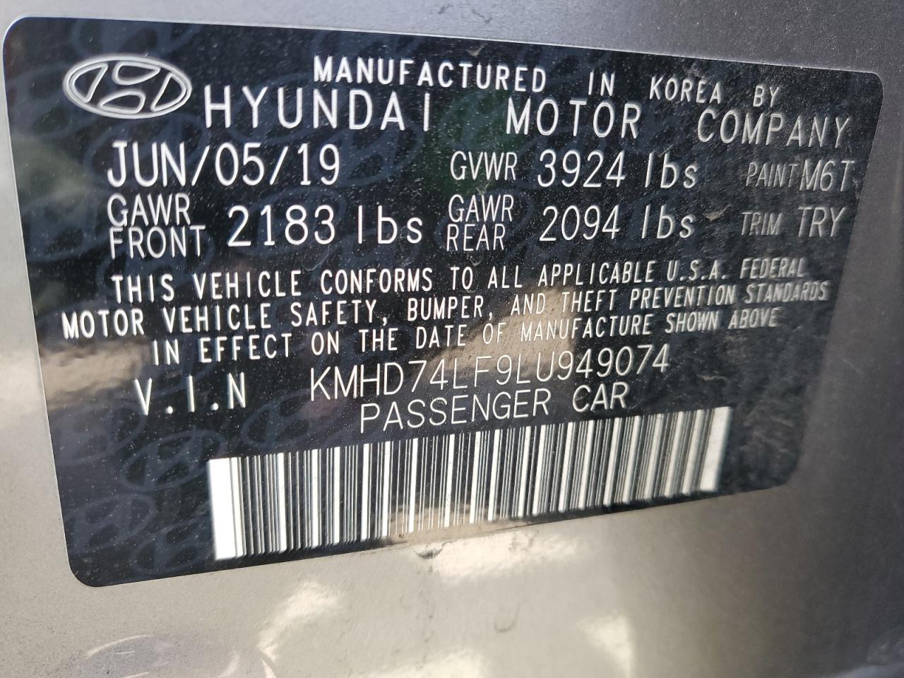 KMHD74LF9LU949074 2020 Hyundai Elantra Se