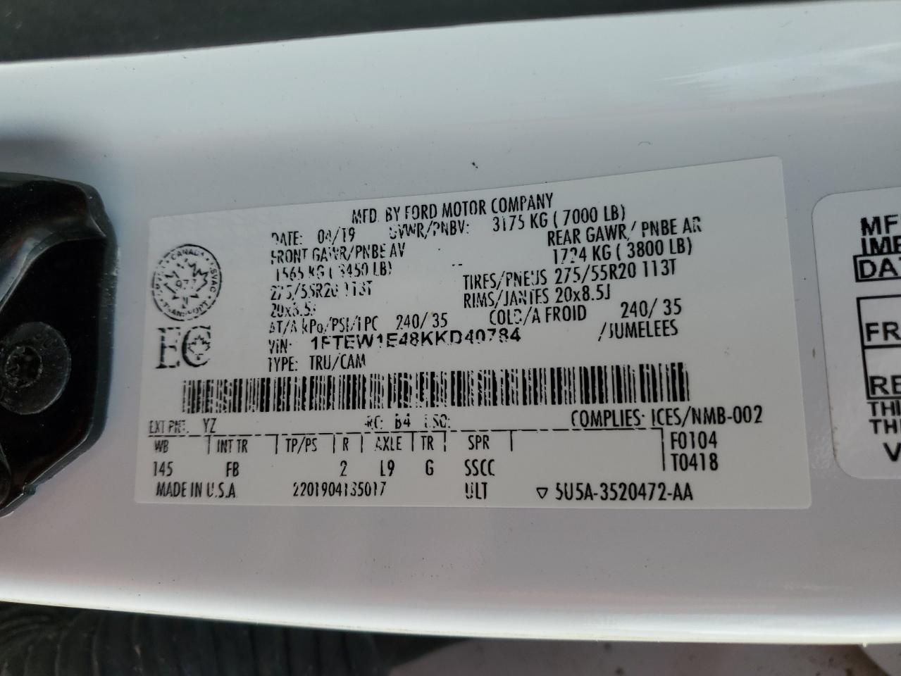 1FTEW1E48KKD40784 FORD F-150 2019