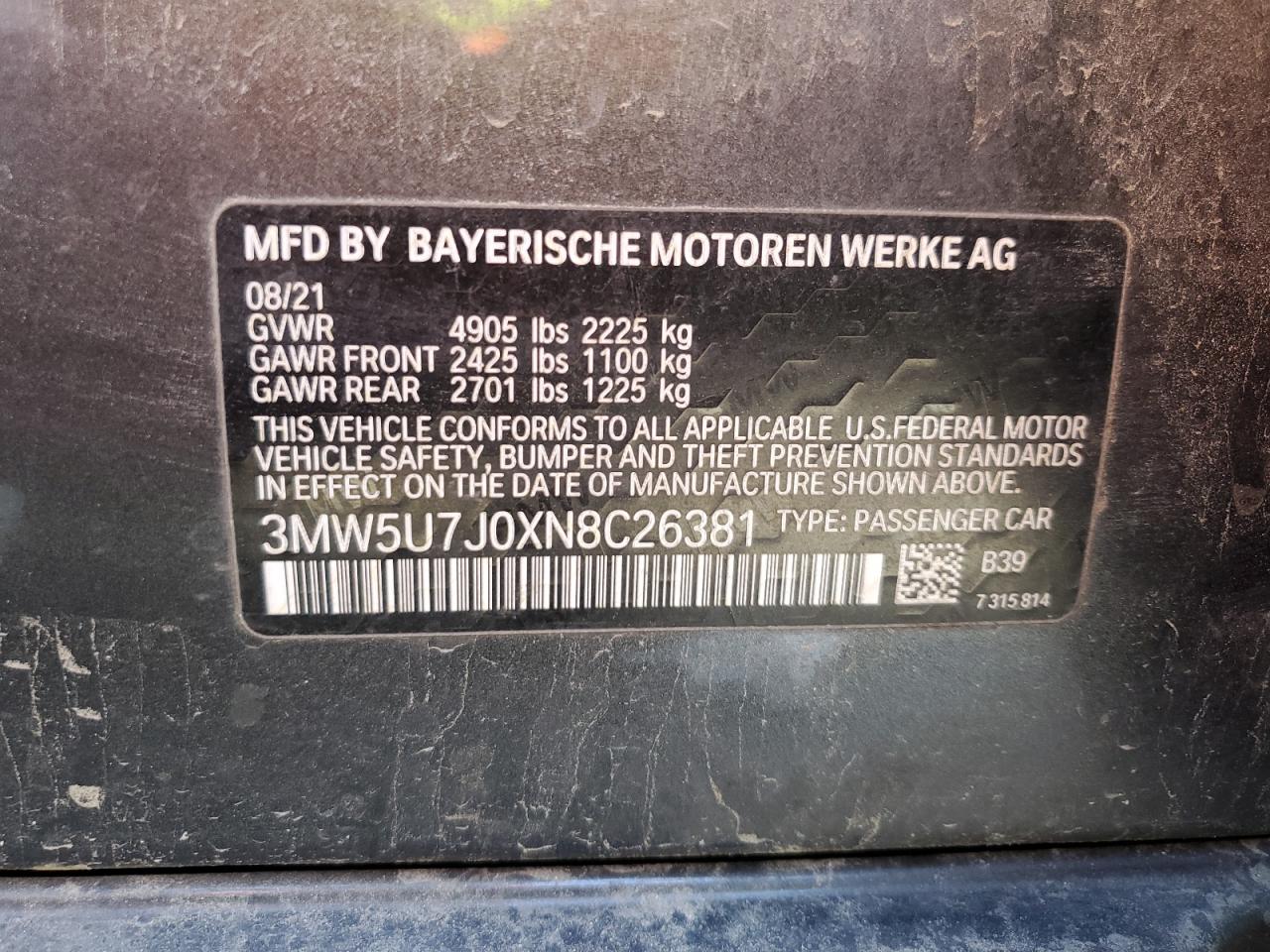 3MW5U7J0XN8C26381 2022 BMW M340I