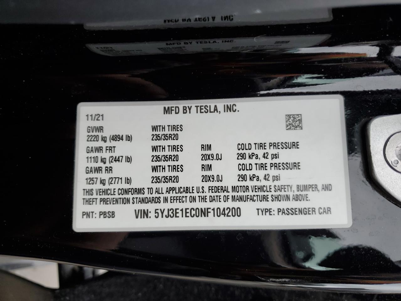 5YJ3E1EC0NF104200 2022 Tesla Model 3