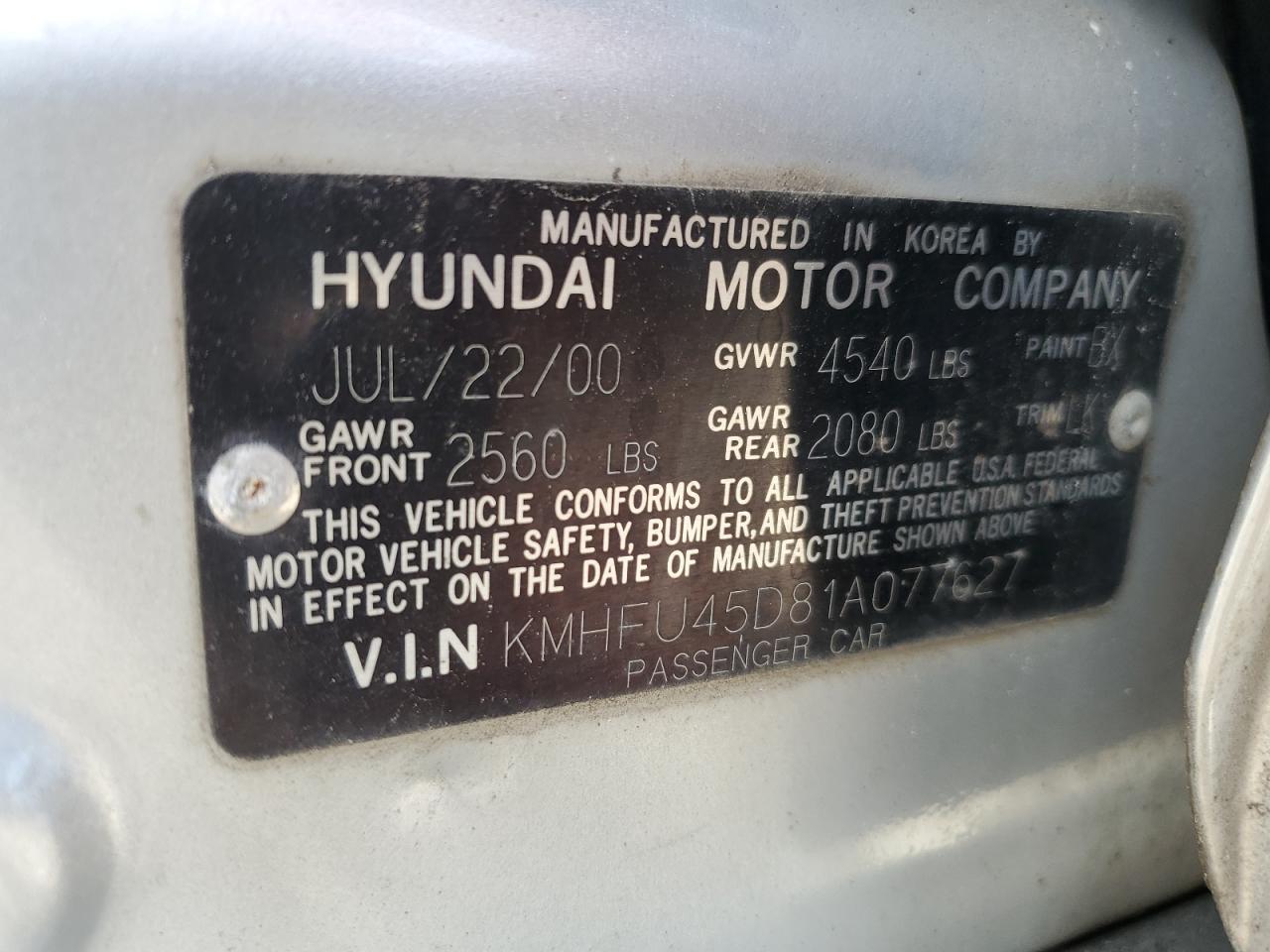 KMHFU45D81A077627 2001 Hyundai Xg 300