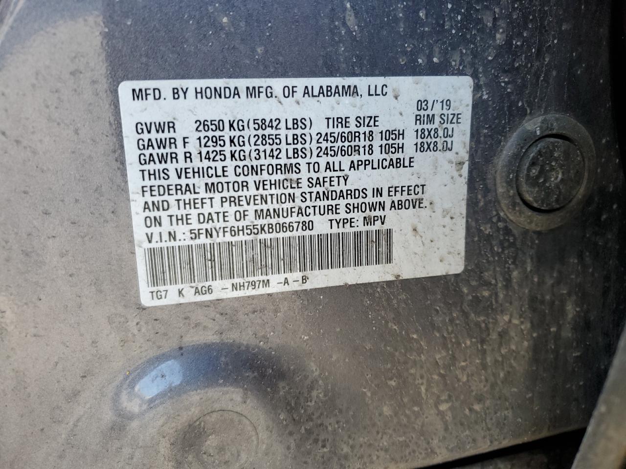 5FNYF6H55KB066780 HONDA PILOT 2019