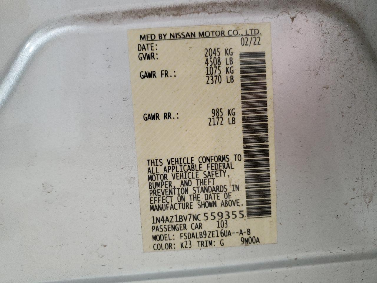1N4AZ1BV7NC559355 NISSAN LEAF 2022