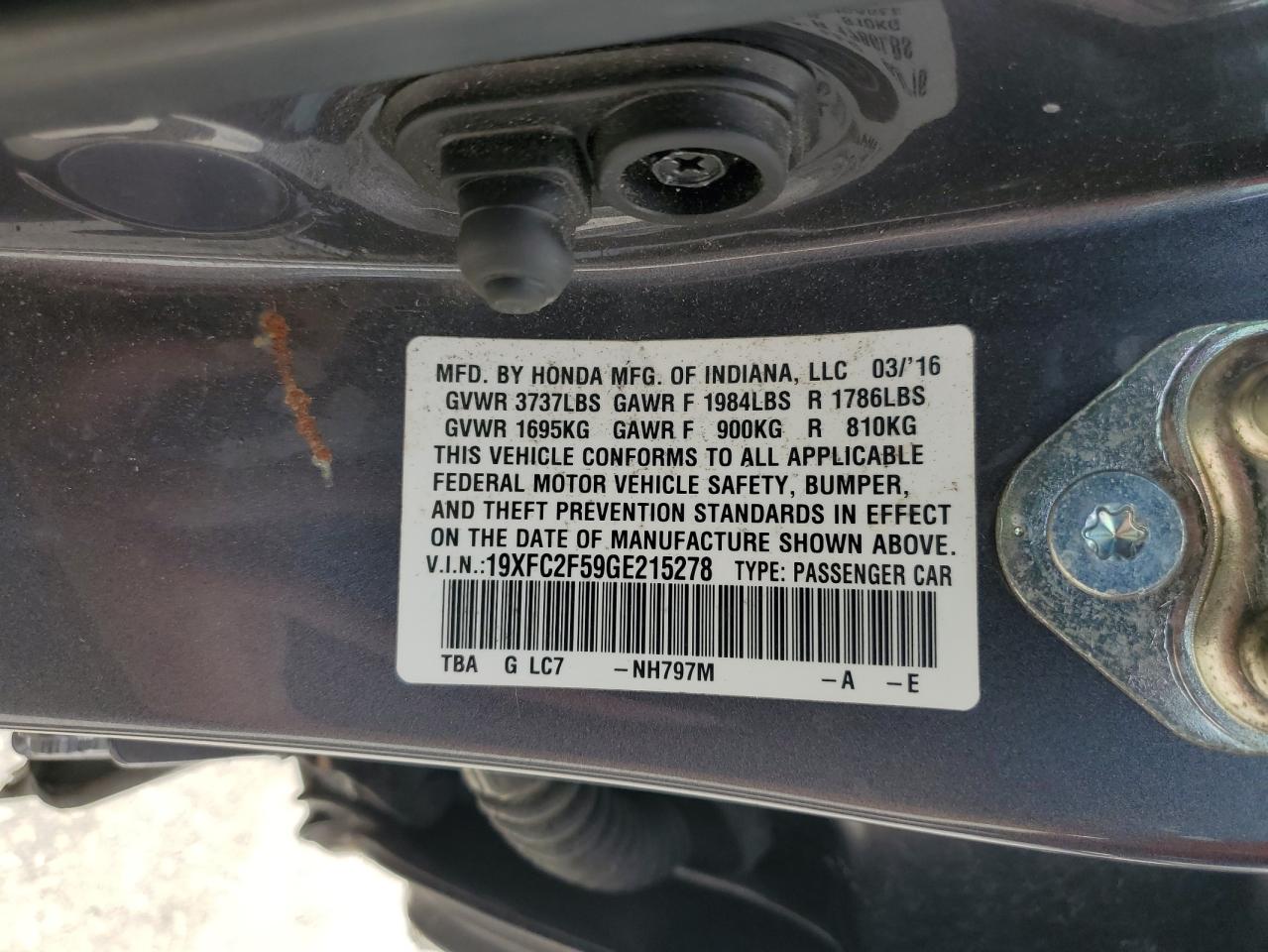 19XFC2F59GE215278 HONDA CIVIC 2016