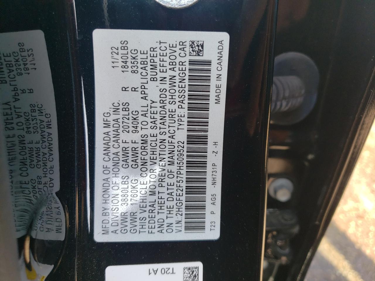 2HGFE2F57PH509522 HONDA CIVIC 2023
