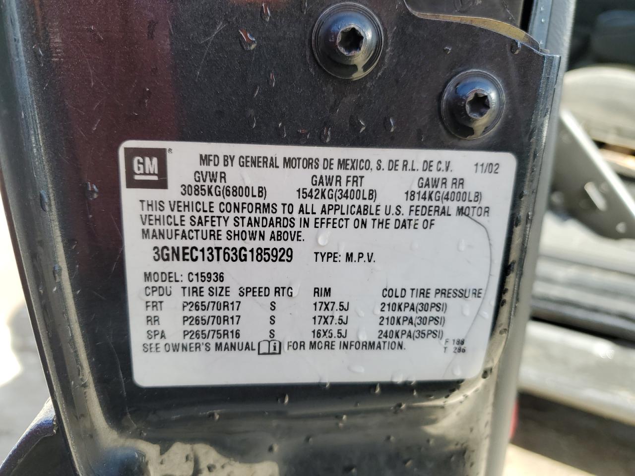 3GNEC13T63G185929 2003 Chevrolet Avalanche C1500