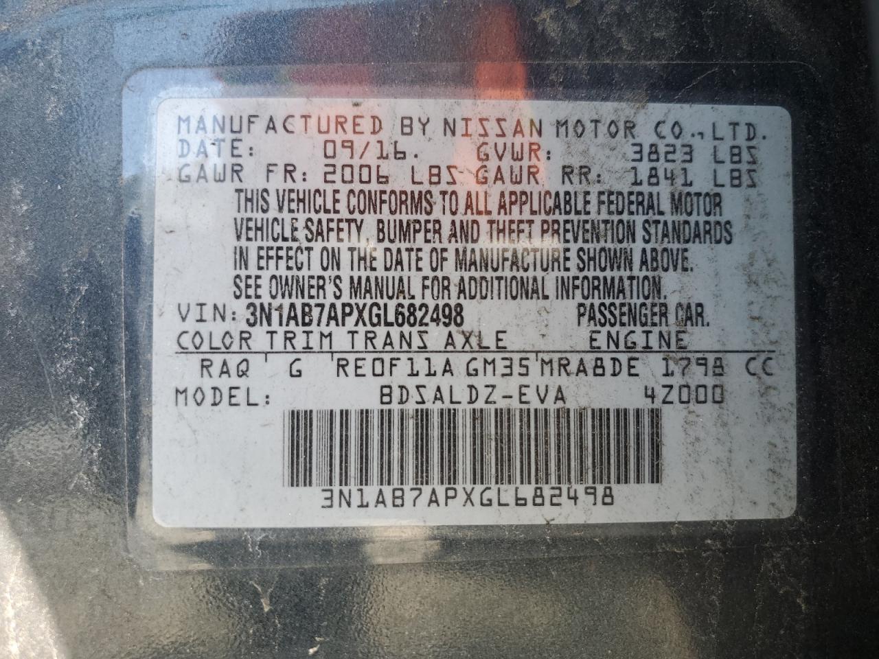 3N1AB7APXGL682498 NISSAN SENTRA 2016