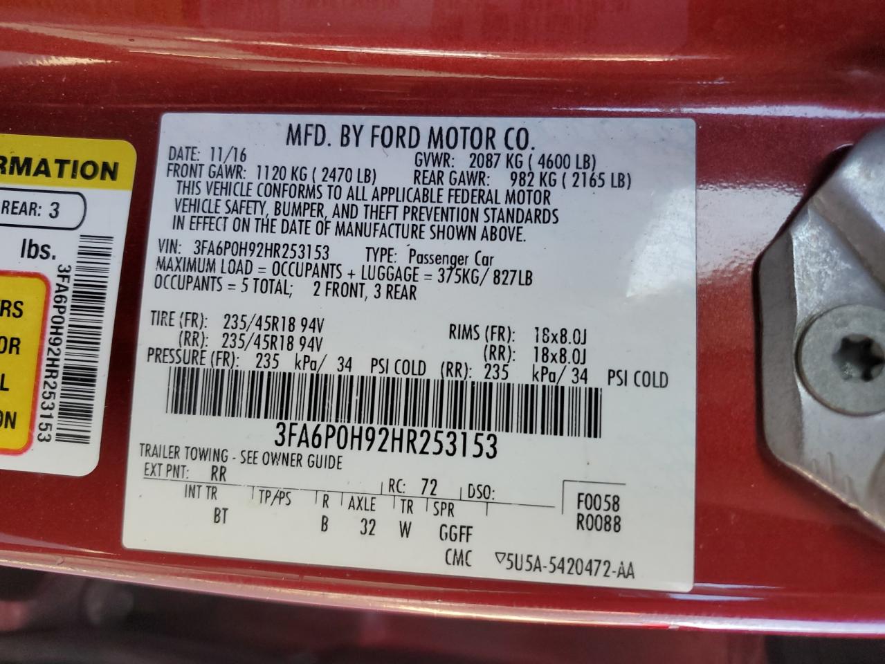 3FA6P0H92HR253153 FORD FUSION 2017