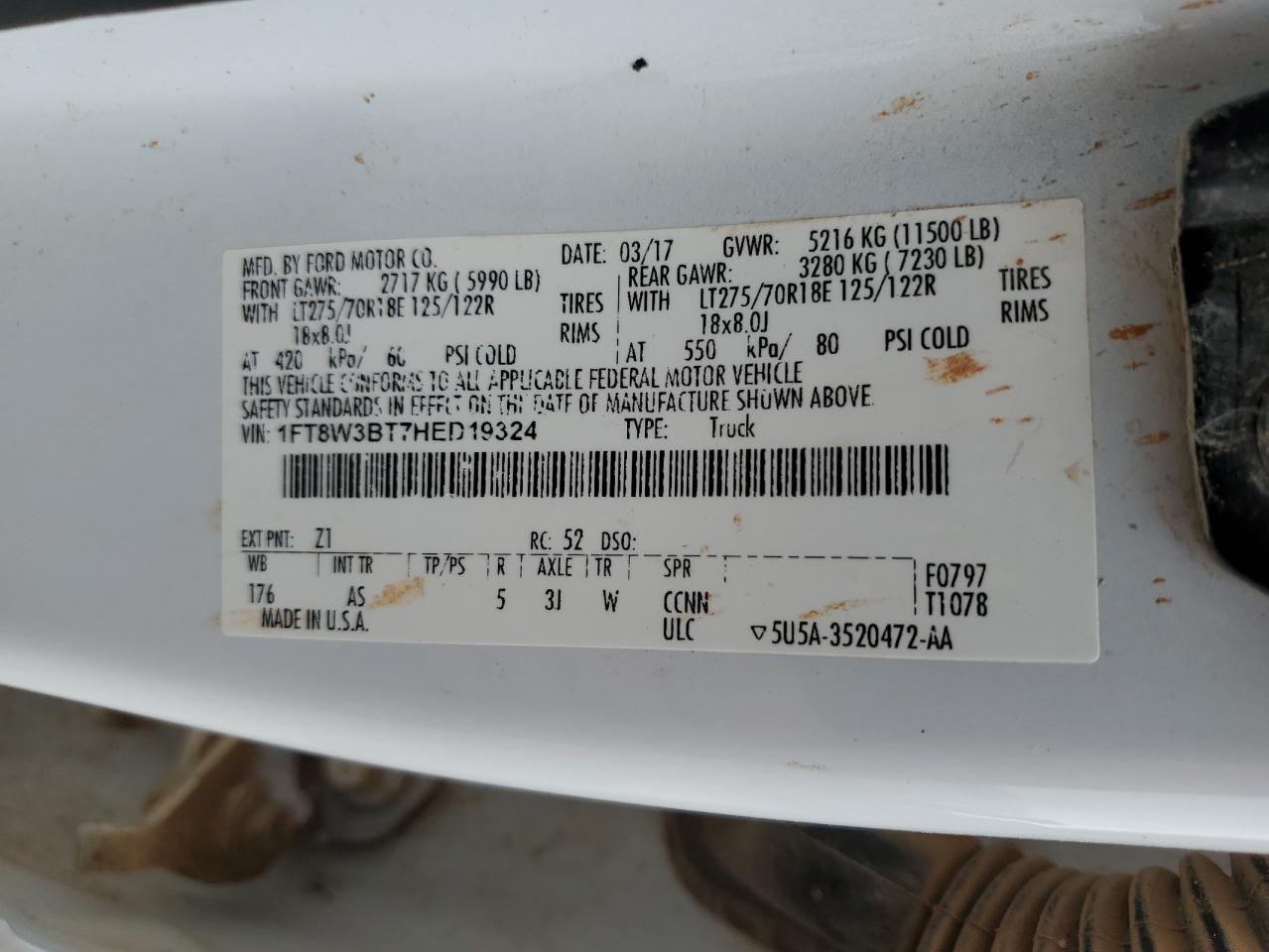 1FT8W3BT7HED19324 FORD F350 2017