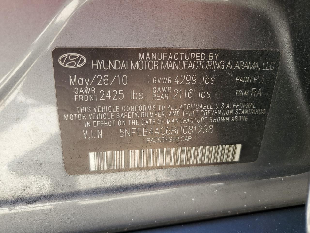 5NPEB4AC6BH081298 2011 Hyundai Sonata Gls