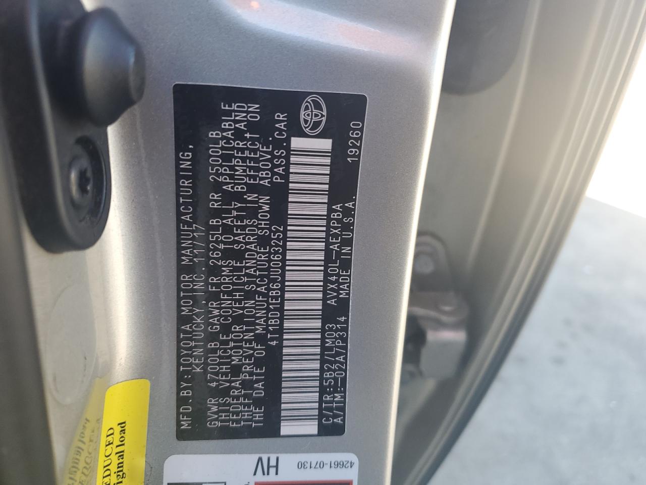 4T1BD1EB6JU063252 TOYOTA AVALON 2018