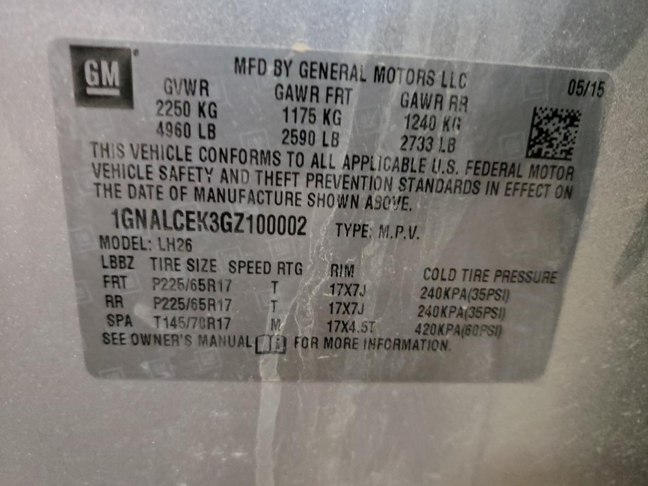 1GNALCEK3GZ100002 CHEVROLET EQUINOX 2016