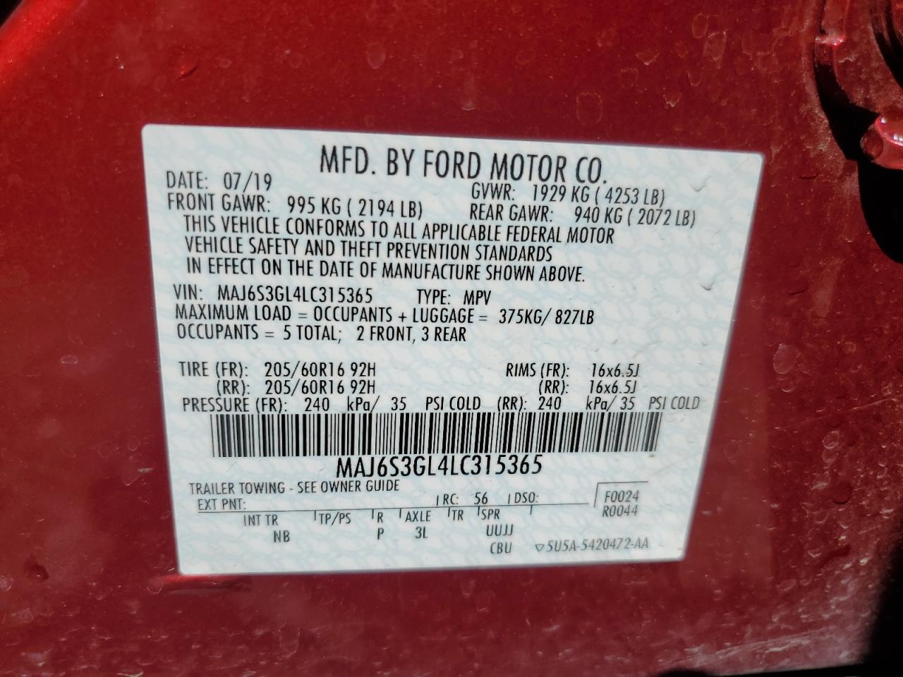 MAJ6S3GL4LC315365 FORD ECOSPORT 2020
