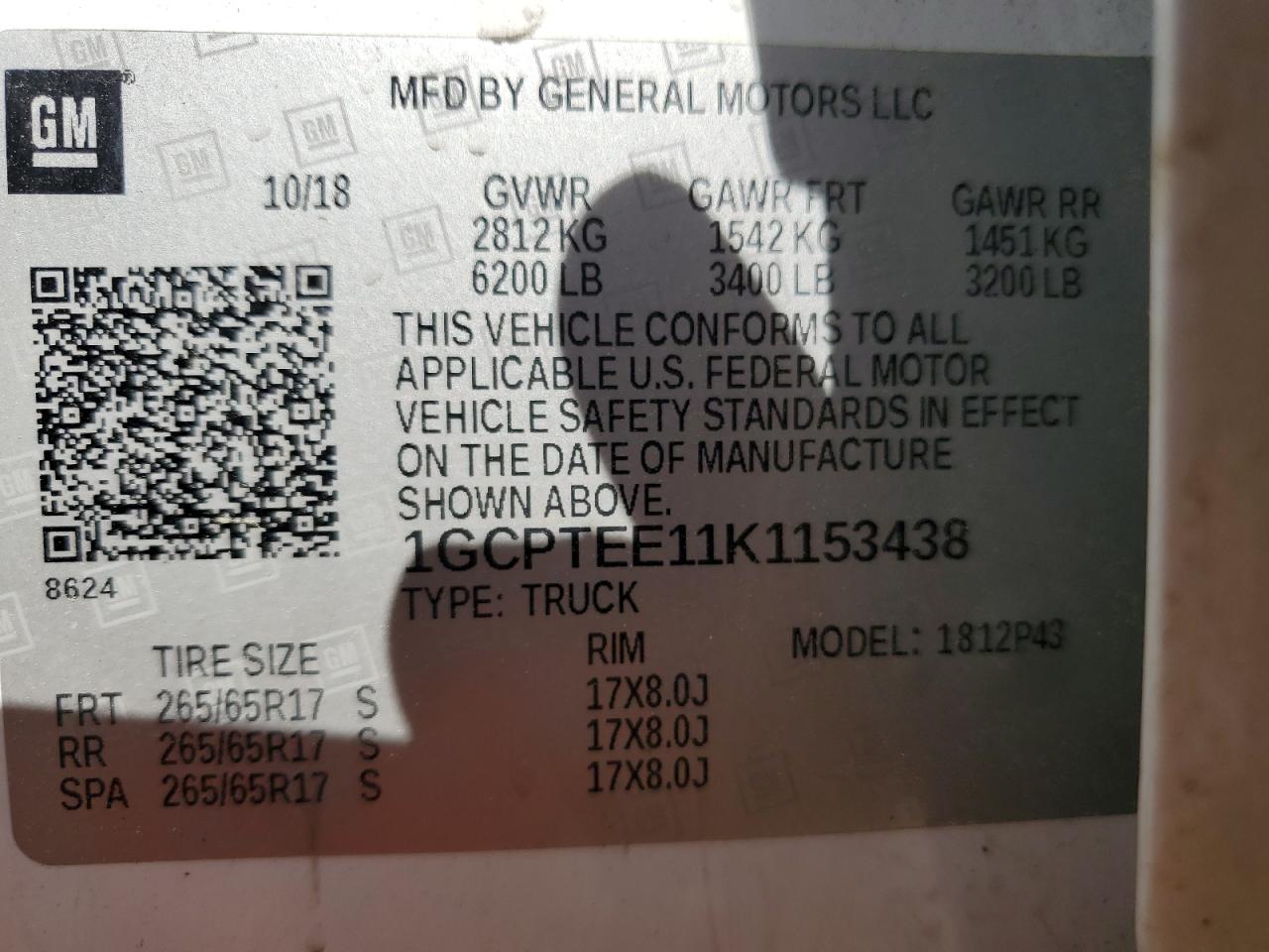 1GCPTEE11K1153438 CHEVROLET COLORADO 2019