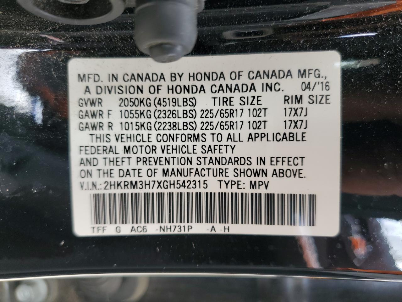 2HKRM3H7XGH542315 HONDA CRV 2016