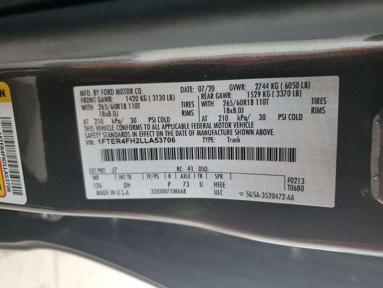 1FTER4FH2LLA53706 FORD RANGER 2020
