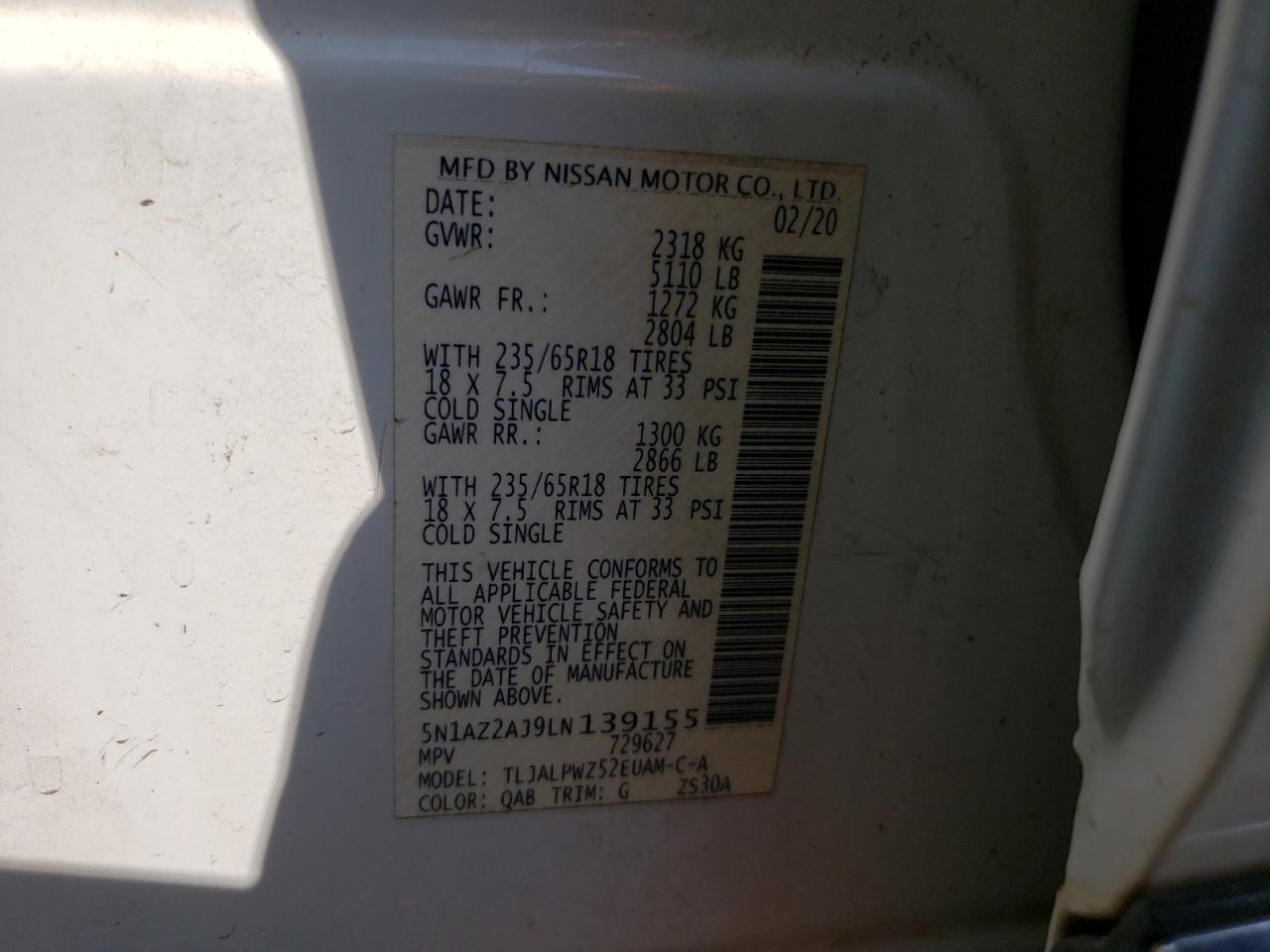 5N1AZ2AJ9LN139155 NISSAN MURANO 2020