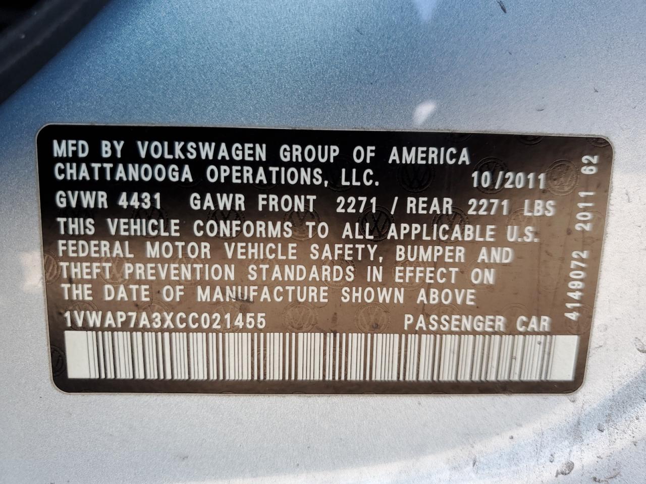 1VWAP7A3XCC021455 2012 Volkswagen Passat S