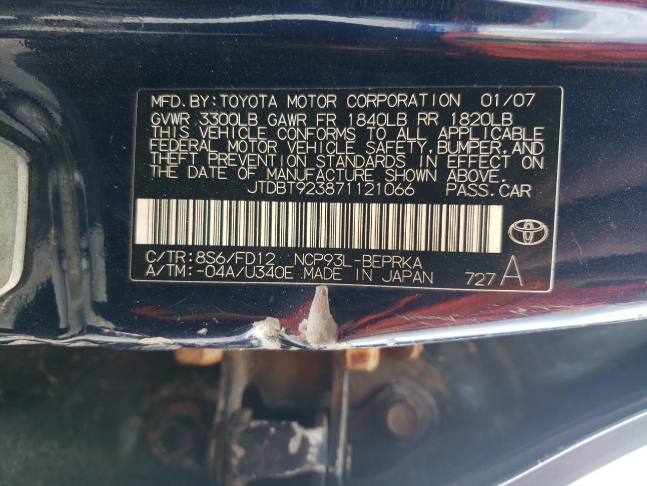 JTDBT923871121066 2007 Toyota Yaris