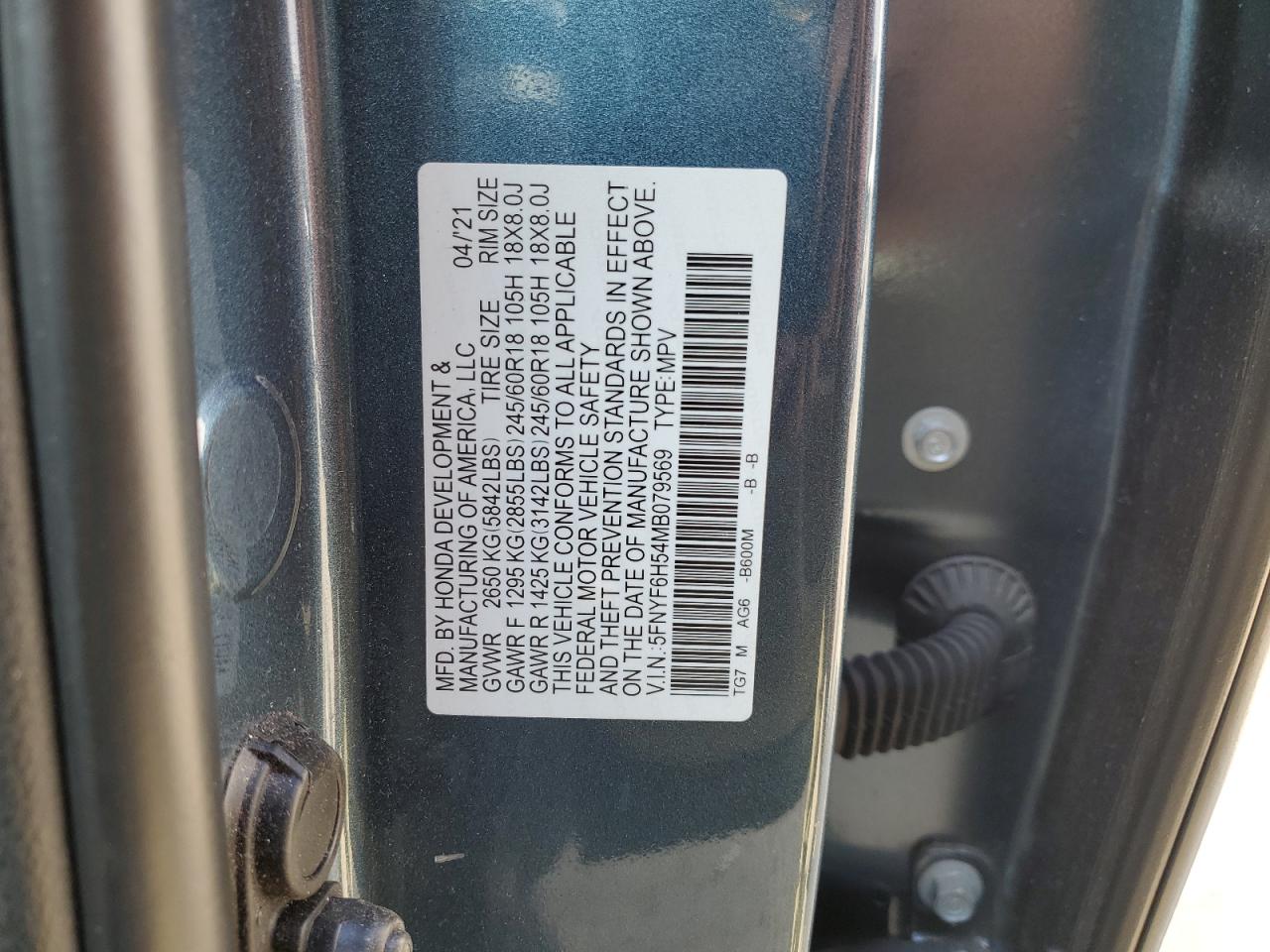 5FNYF6H54MB079569 HONDA PILOT 2021