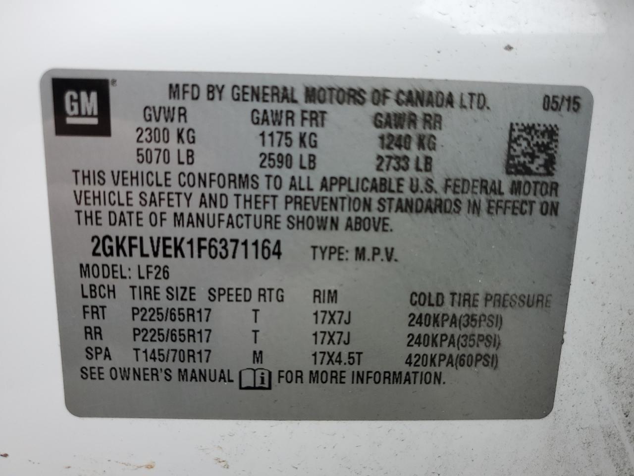 2GKFLVEK1F6371164 2015 GMC Terrain Sle