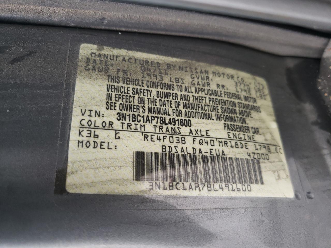 3N1BC1AP7BL491600 2011 Nissan Versa S
