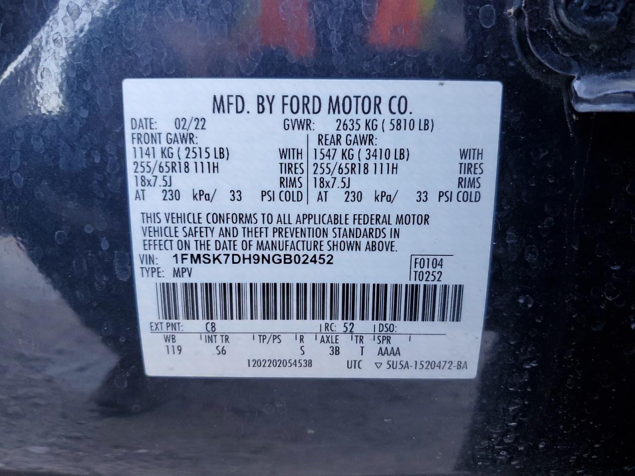 1FMSK7DH9NGB02452 2022 Ford Explorer Xlt