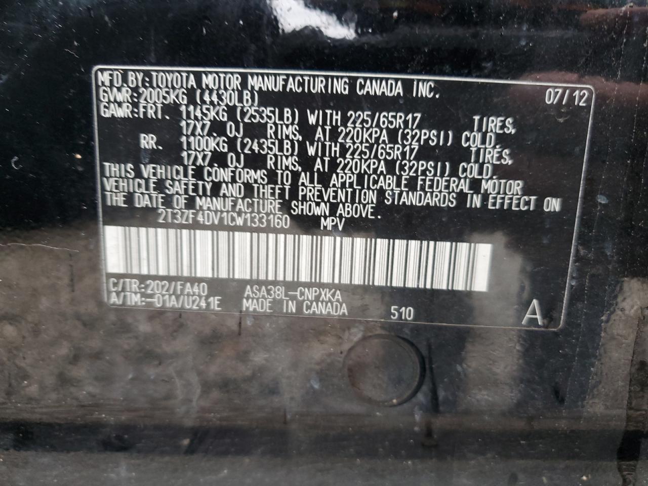 2T3ZF4DV1CW133160 2012 Toyota Rav4