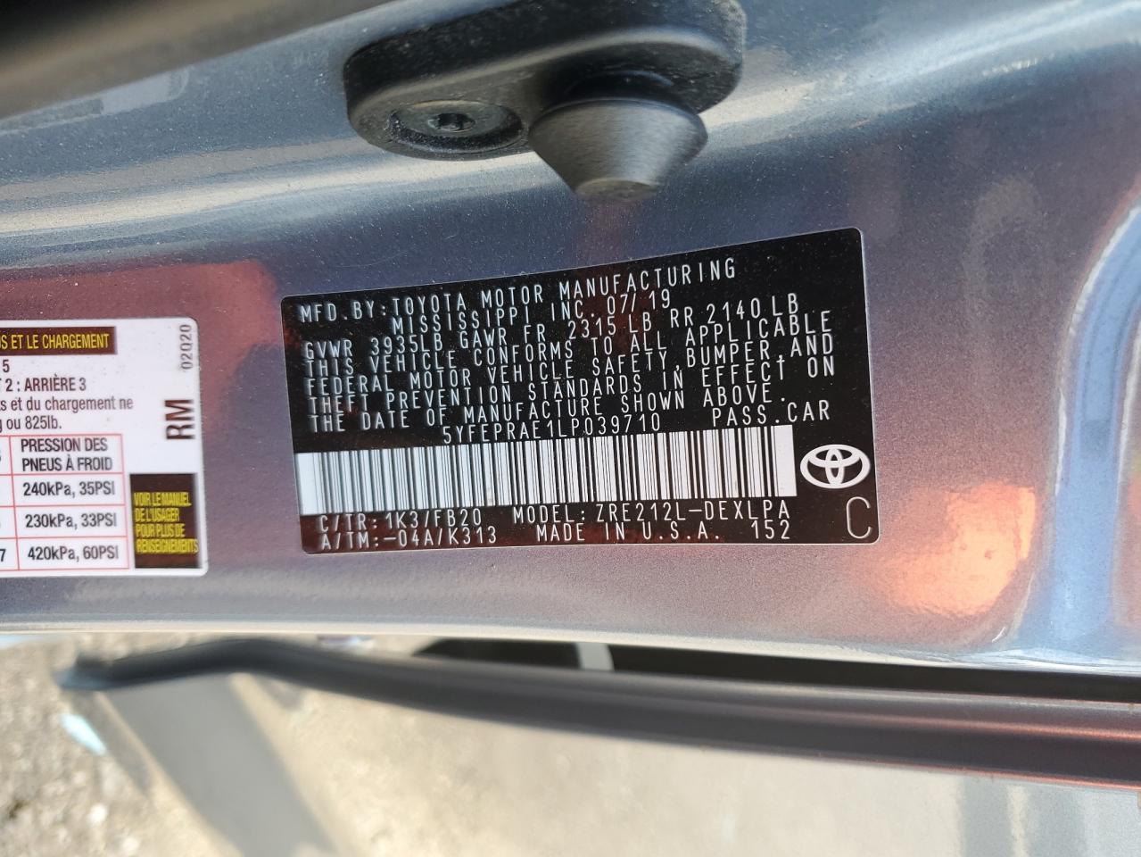 VIN: 5YFEPRAE1LP039710 2020 TOYOTA COROLLA