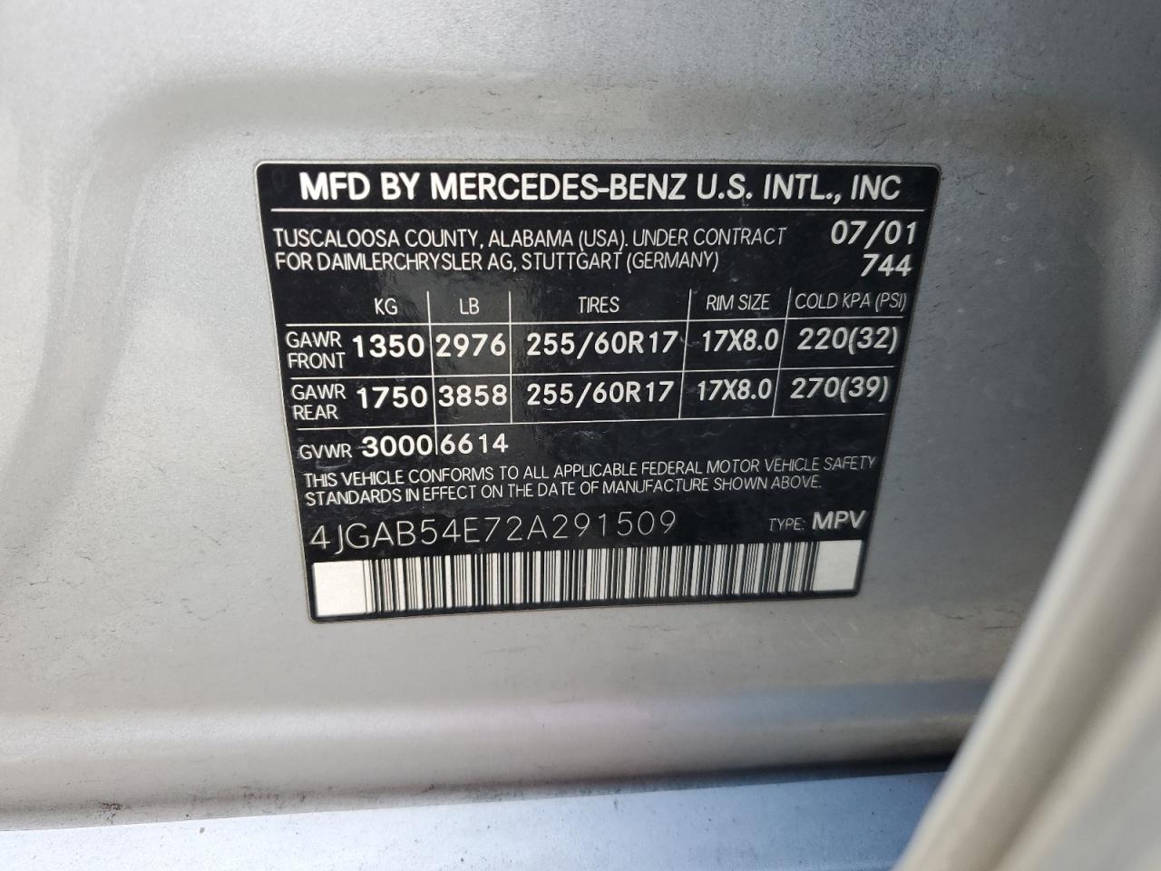 4jgab54e72a291509 4JGAB54E72A291509 2002 Mercedes-Benz Ml 320