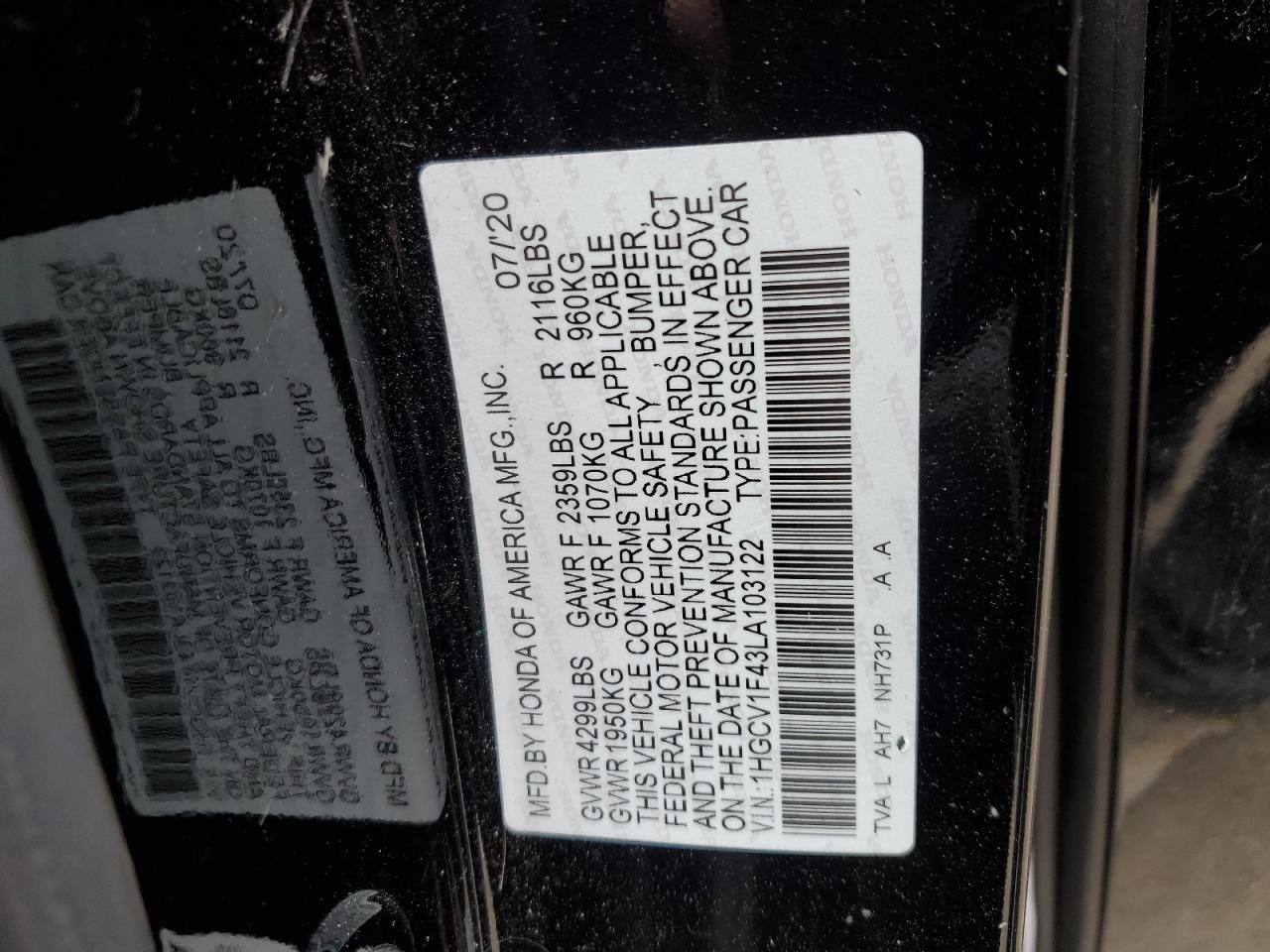 1HGCV1F43LA103122 HONDA ACCORD 2020