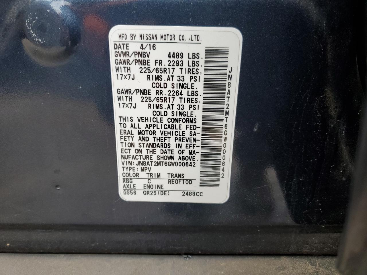 JN8AT2MT6GW000642 NISSAN ROGUE 2016