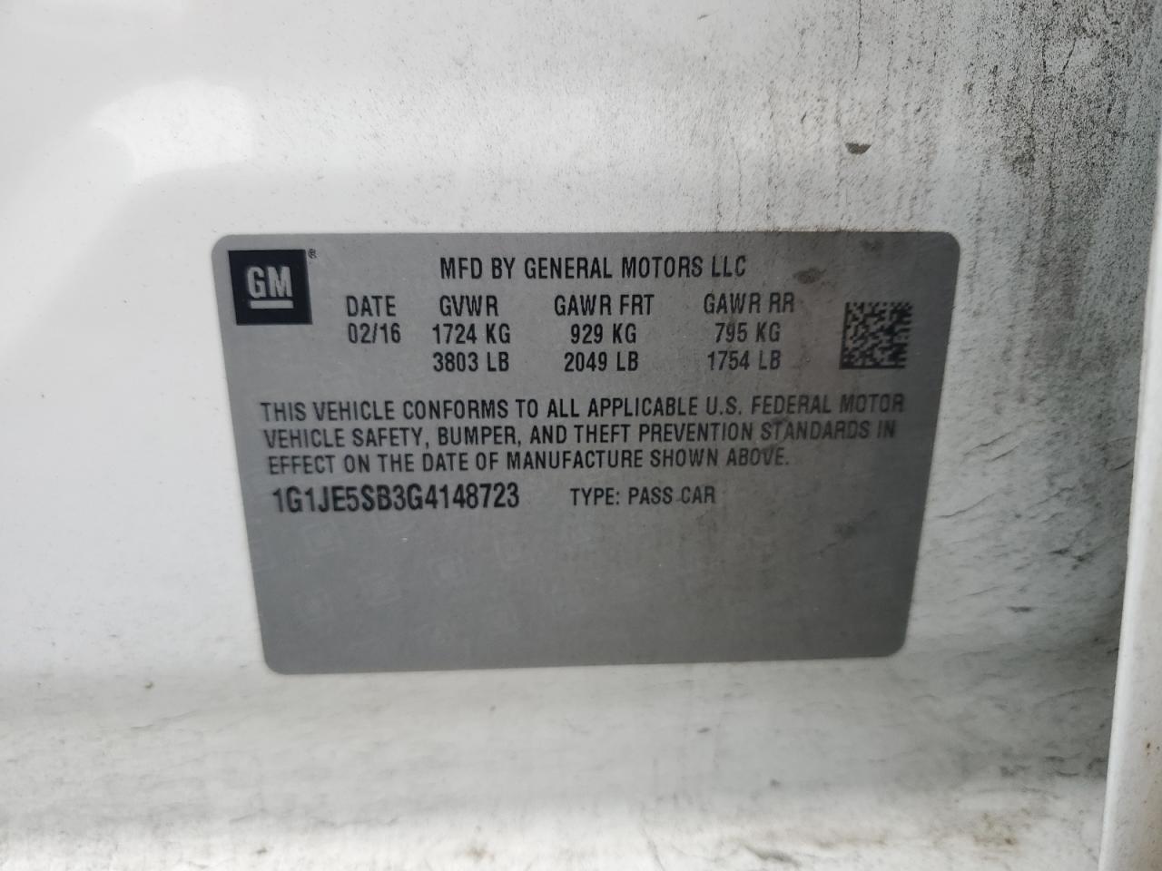 1G1JE5SB3G4148723 CHEVROLET SONIC 2016