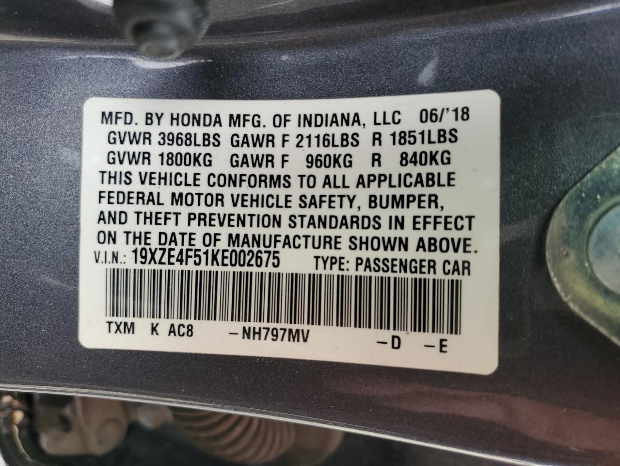 19XZE4F51KE002675 HONDA INSIGHT 2019
