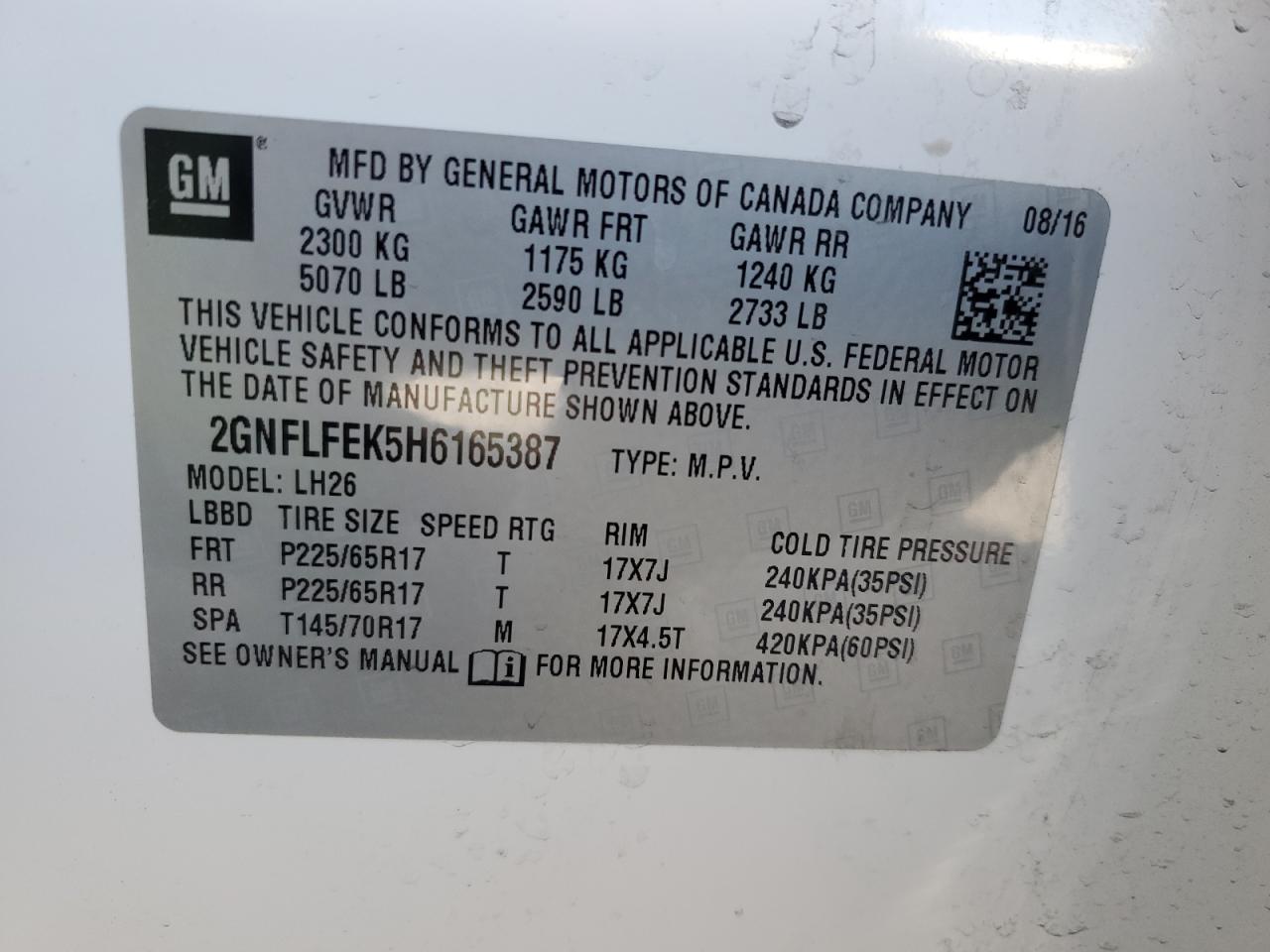 2GNFLFEK5H6165387 CHEVROLET EQUINOX 2017