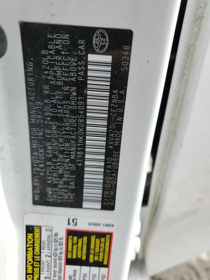 4T1B11HK0KU854091 TOYOTA CAMRY 2019