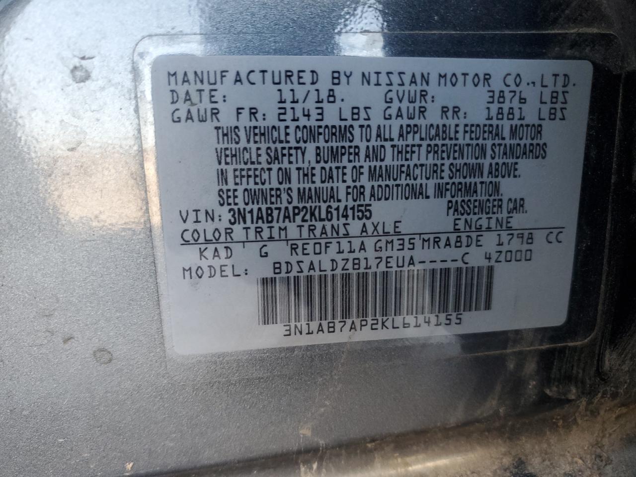 3N1AB7AP2KL614155 NISSAN SENTRA 2019