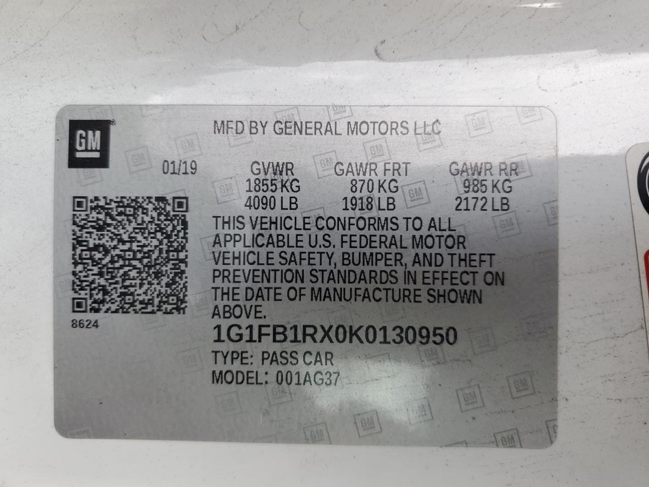1G1FB1RX0K0130950 CHEVROLET CAMARO 2019