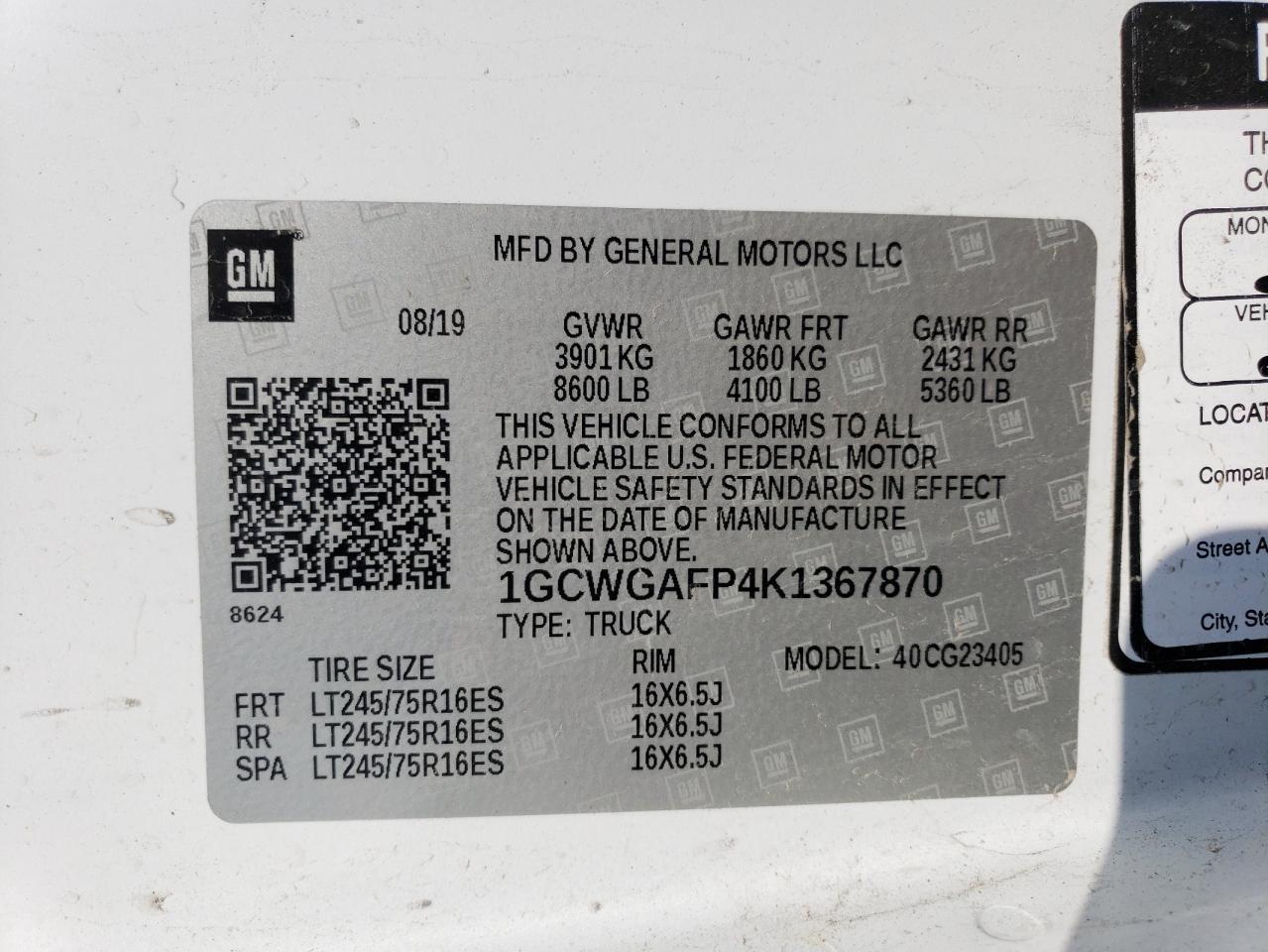 1GCWGAFP4K1367870 CHEVROLET EXPRESS 2019