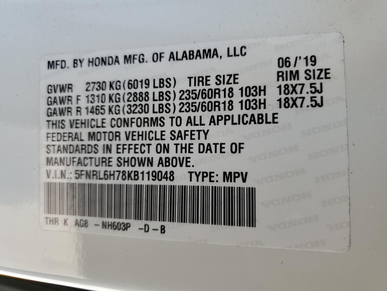 5FNRL6H78KB119048 2019 Honda Odyssey Exl