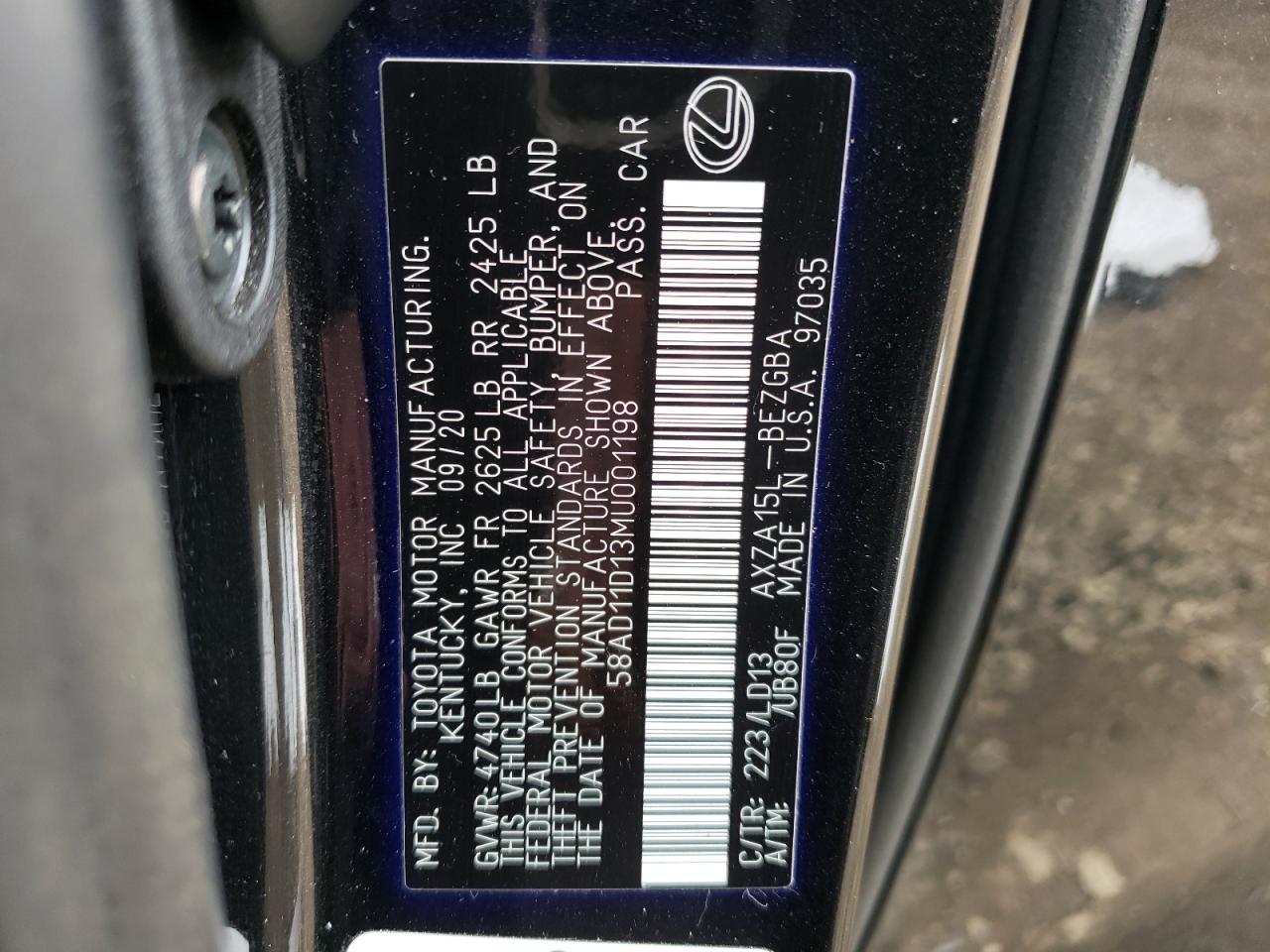 58AD11D13MU001198 2021 Lexus Es 250 Base