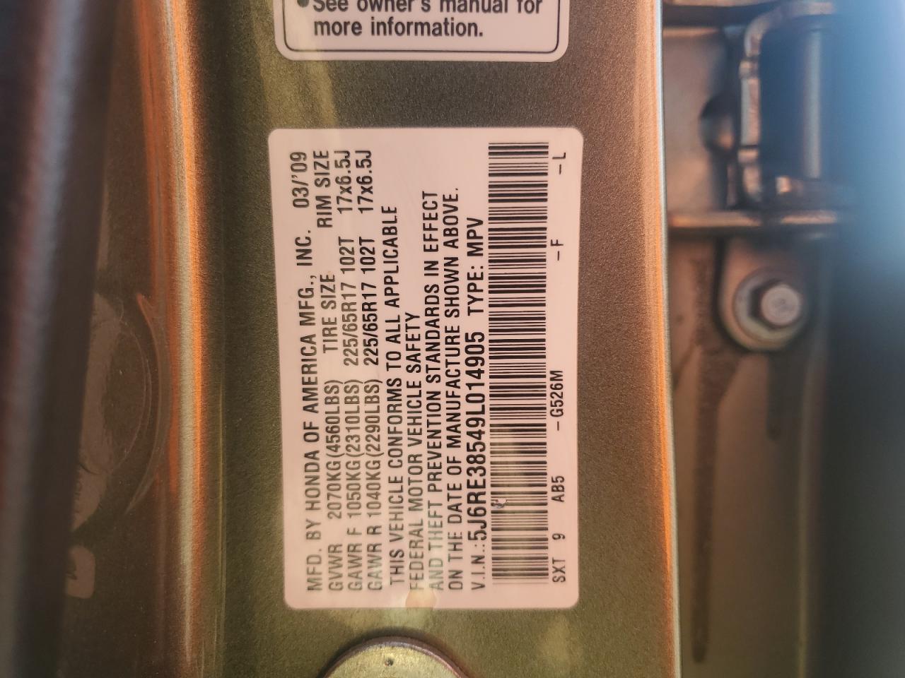 5J6RE38549L014905 2009 Honda Cr-V Ex