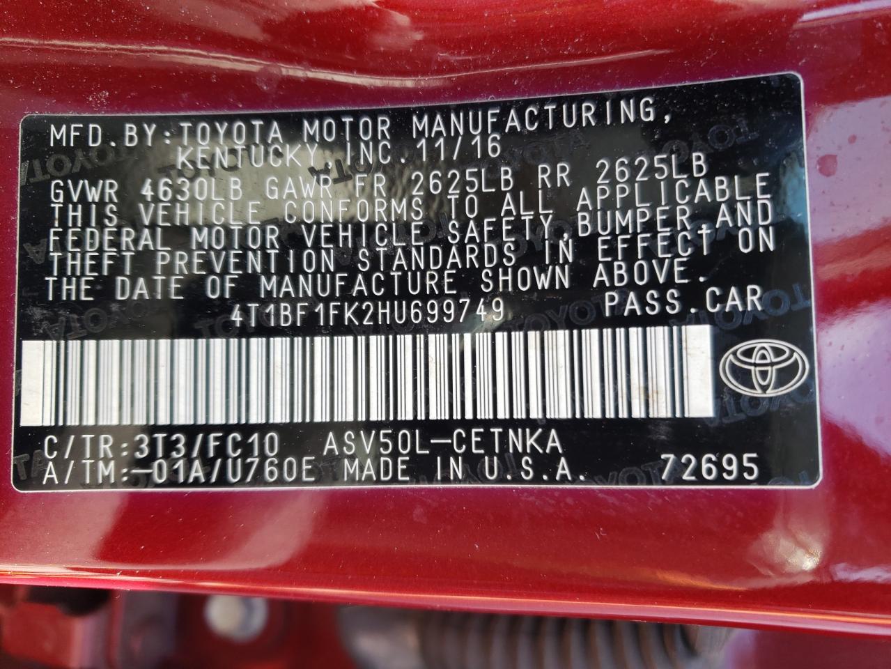 4T1BF1FK2HU699749 TOYOTA CAMRY 2017