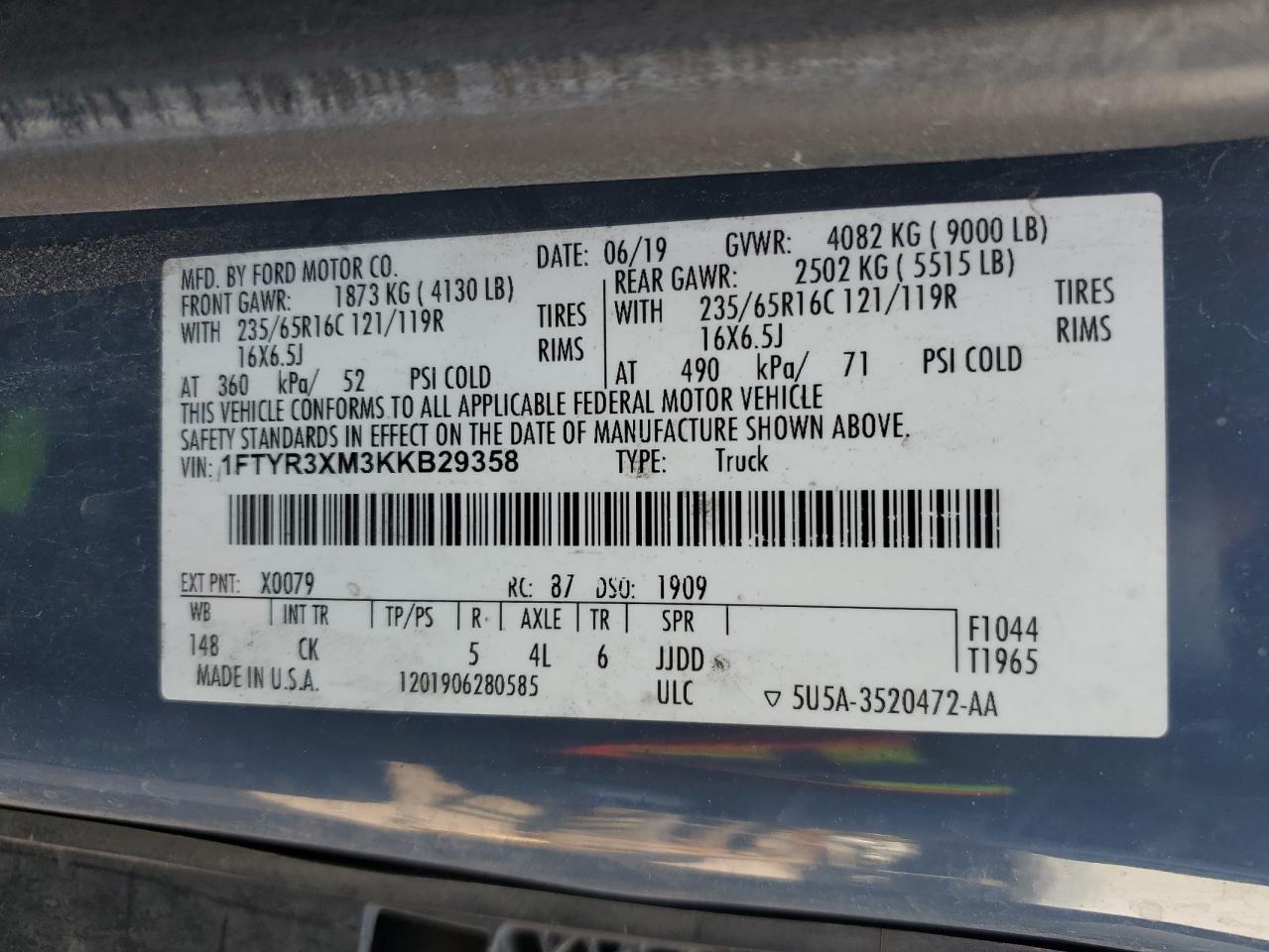 1FTYR3XM3KKB29358 2019 Ford Transit T-250