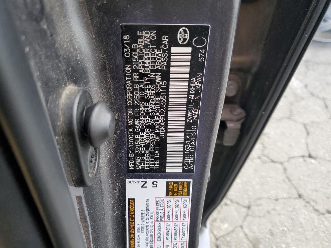 JTDKARFU2J3551115 TOYOTA PRIUS 2018