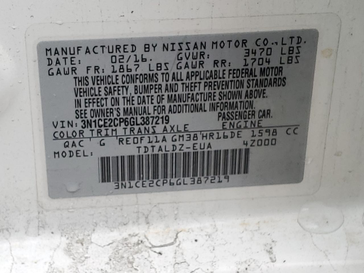 3N1CE2CP6GL387219 NISSAN VERSA 2016
