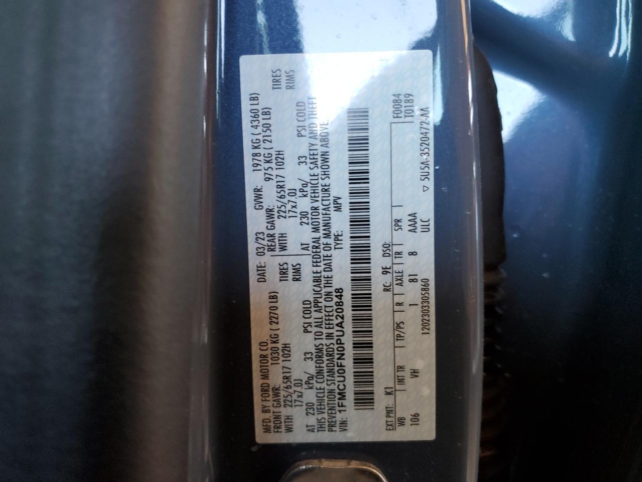 1FMCU0FN0PUA20848 FORD ESCAPE 2023